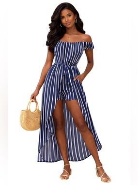 Ambiance Striped Wide Leg Jumpsuit L Navy White Casual Summer Flowy Lightweight